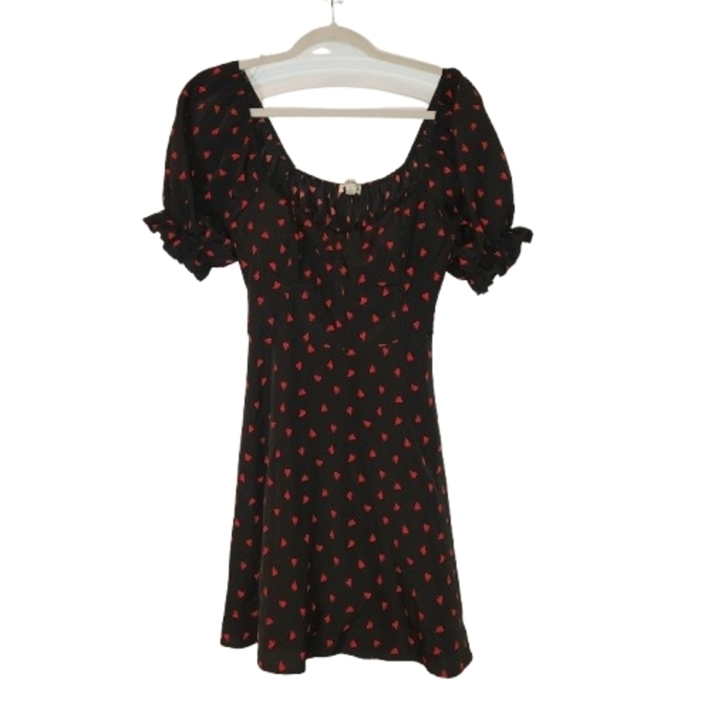 Inspired Hearts Black Dress With Red Hearts Size L Puffy Ruffle Sleeves & Neck - Picture 2 of 11